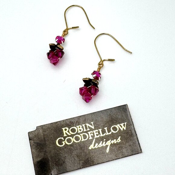 Robin Goodfellow Fuschia Pink Dangle Earrings Gold-Plated Earwires Crystals - Picture 3 of 8